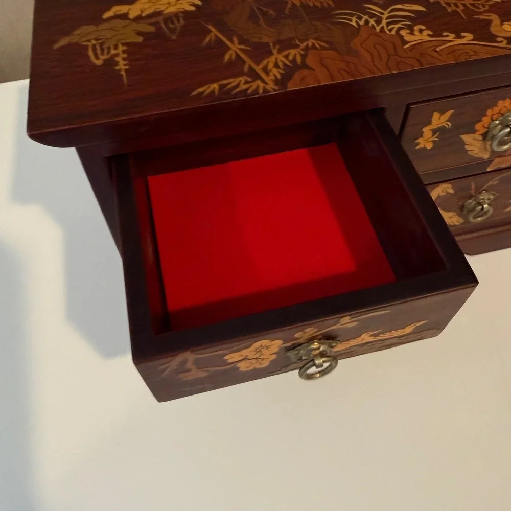 Vintage‎ Japanese Yosegi Zaiku Marquetry Wood Jewelry Box 4 Drawer Crane Inlay